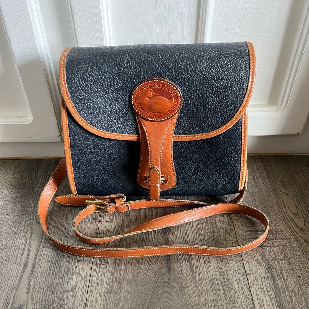 Vintage Dooney & Bourke, Navy and Tan All Weather Leather Crossbody Shoulder